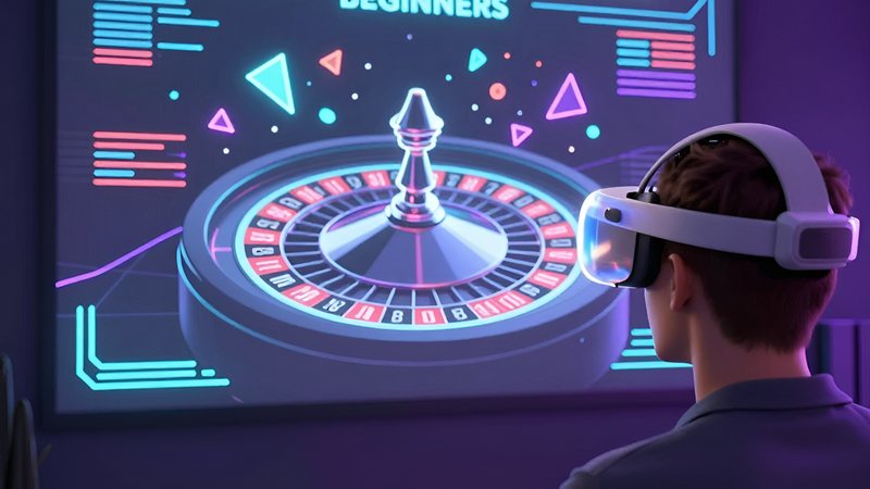 Человек в VR-очках изучает голограмму колеса, представляя обзор трендов онлайн-рулетки в 2026 году